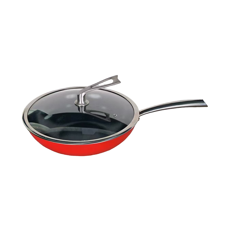 SUC-039 Stainless Steel Red Enamel Non-Stick Wok